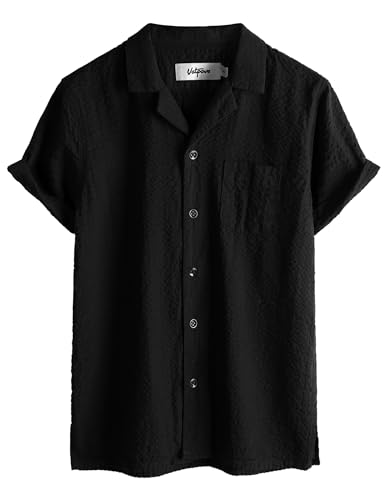 VATPAVE Jungen Freizeit Kurzarmhemd Kinder Hawaiihemd Guayabera Sommer Hemden mit Tasche 10 Reines Schwarz Strand von VATPAVE
