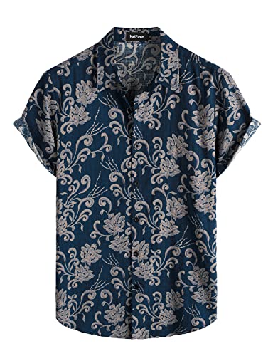 VATPAVE Herren Hawaii Hemd Männer Kurzarm Sommer Freizeithemd Casual Strand Blumen Hawaiihemd 3X-Large MarineblauVintage von VATPAVE