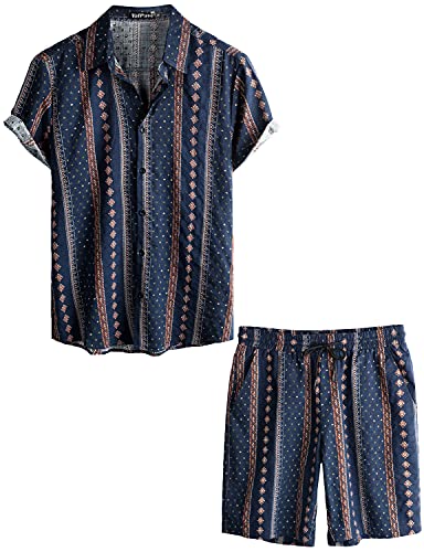 VATPAVE Herren Hawaii Hemd Blumen Sommer Outfit Männer Freizeit Kurzarm Strandhemd und kurze Hosen 2 Teiler Set Festival Outfit Klein Marine von VATPAVE