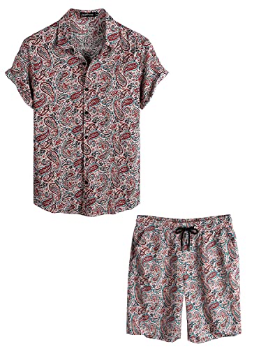 VATPAVE Herren Hawaii Hemd Blumen Sommer Outfit Männer Freizeit Kurzarm Strandhemd und kurze Hosen 2 Teiler Set Freizeithemden für herren Groß Rosa von VATPAVE