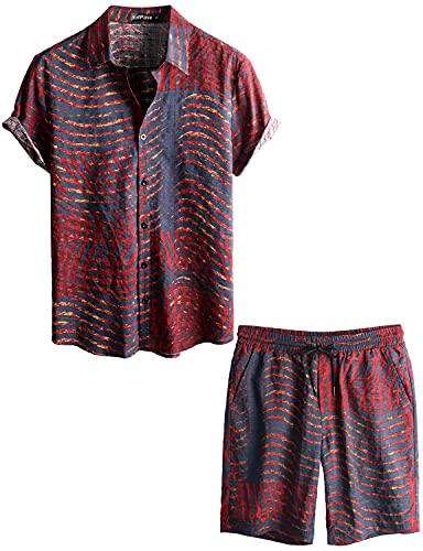 VATPAVE Herren Hawaii Hemd Blumen Sommer Outfit Männer Freizeit Kurzarm Strandhemd und kurze Hosen 2 Teiler Set Rave Outfit 3X-Large Rot von VATPAVE