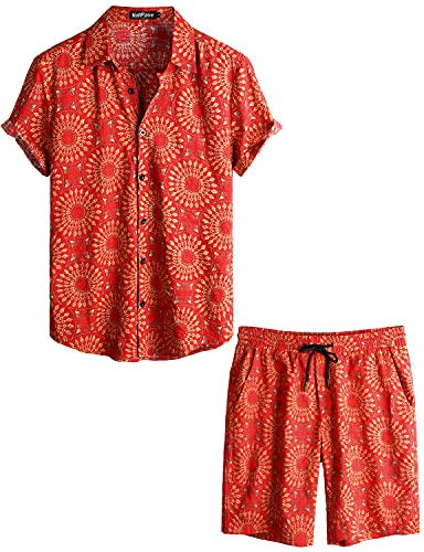 VATPAVE Herren Hawaii Hemd Blumen Sommer Outfit Männer Freizeit Kurzarm Strandhemd und kurze Hosen 2 Teiler Set Blumenmuster Hemden Mittel Rot Sonnenblume von VATPAVE