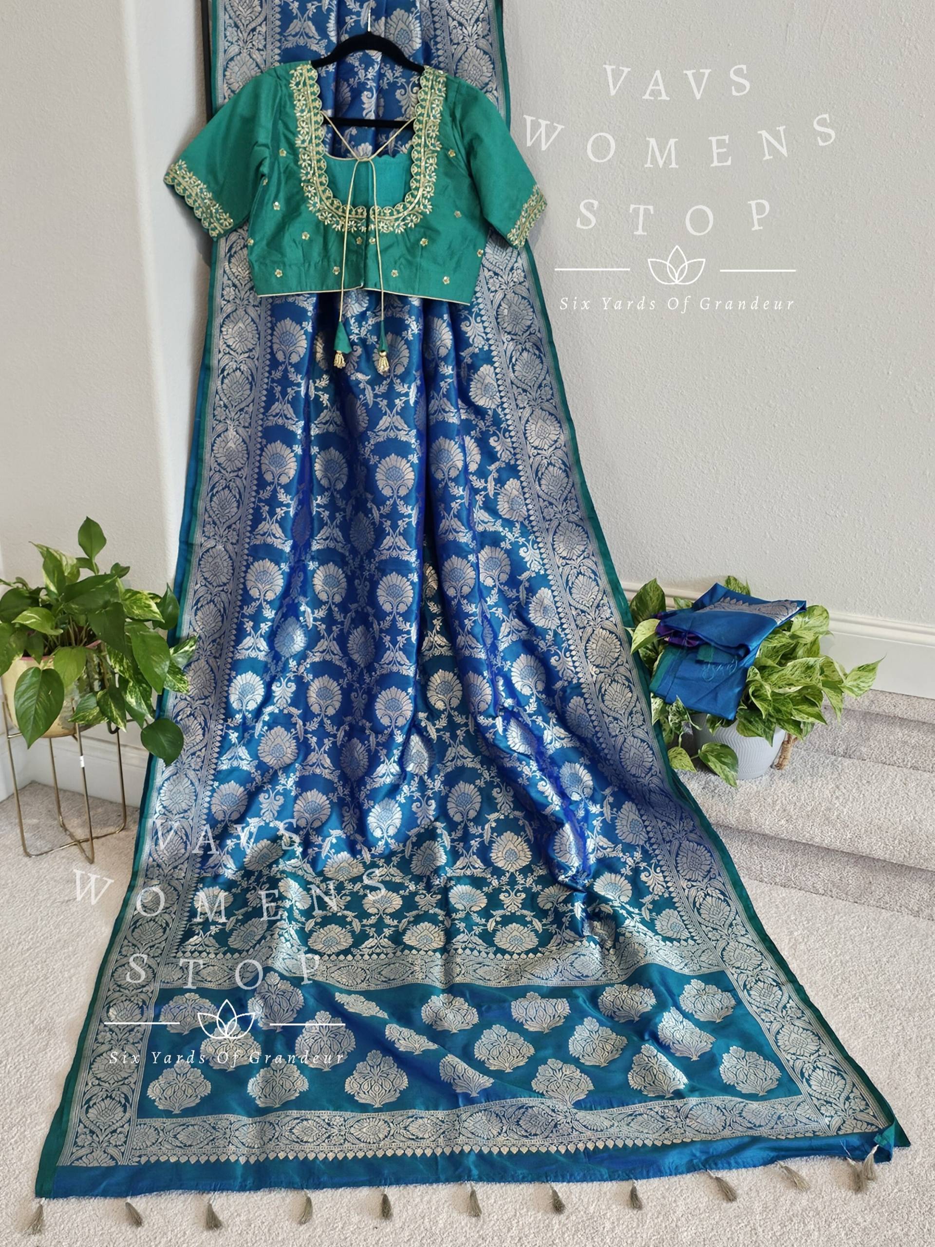 Reine Benarasi Katan Seide All Over Designer Saree - Maggam Bluse Größe 38 Reicht Bis 44 Sofort Versandfertig Vavs Damen Stop von VAVSWomensStop