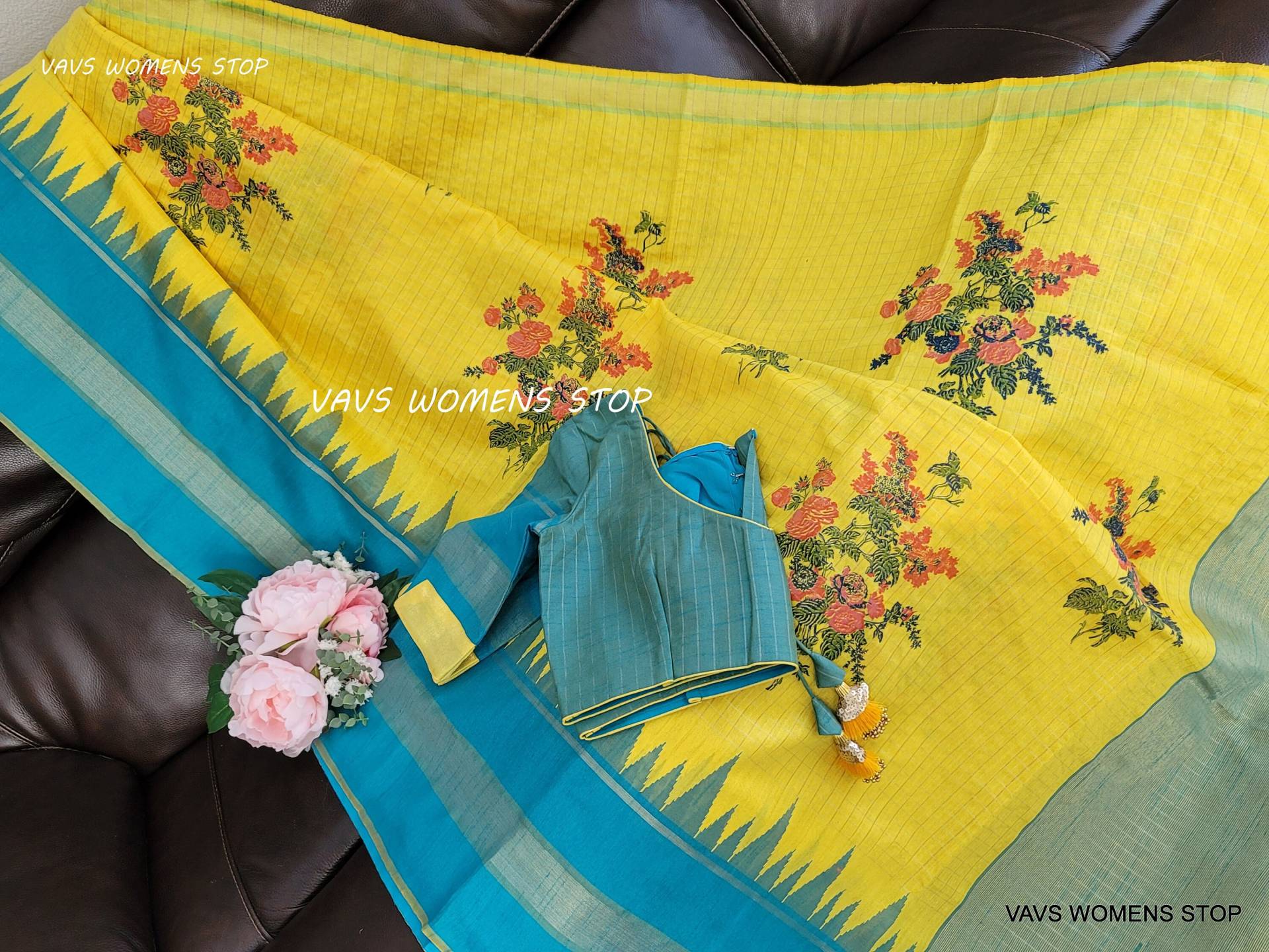 Wunderschöner Traditioneller Khadi Rawsilk Floral Print Saree Gepaart Mit Elegant Genähter Bluse Größe 38 Reicht Bis 44 Schiffe Aus Texas , Usa von VAVSWomensStop