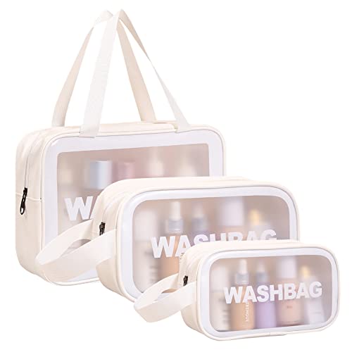 3 Stück transparente Kulturbeutel, Reisetasche, Kosmetiktasche, Rosa/Weiß/Schwarz Make-up-Tasche, tragbare wasserdichte Make-up-Reisetasche für Frauen, Mädchen, Herren, weiß von VAVSYL