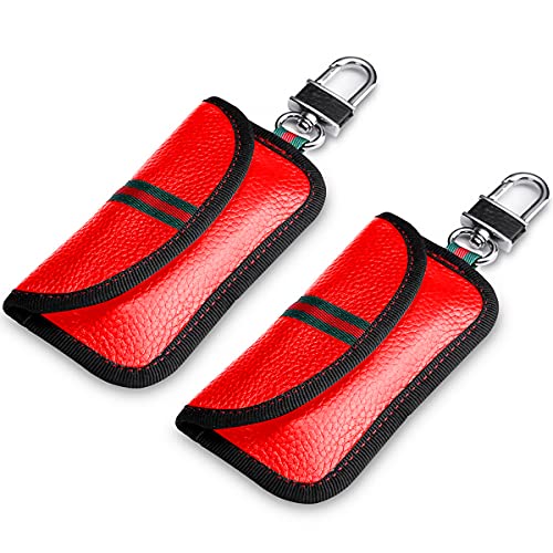 VAWcornic Keyless Go Schutz Autoschlüssel, Echtes Leder 2 Stück RFID Funkschlüssel Abschirmung Schlüsselmäppchen Faraday Leder Schlüsseletui Schlüsseltasche - Rot von VAWcornic