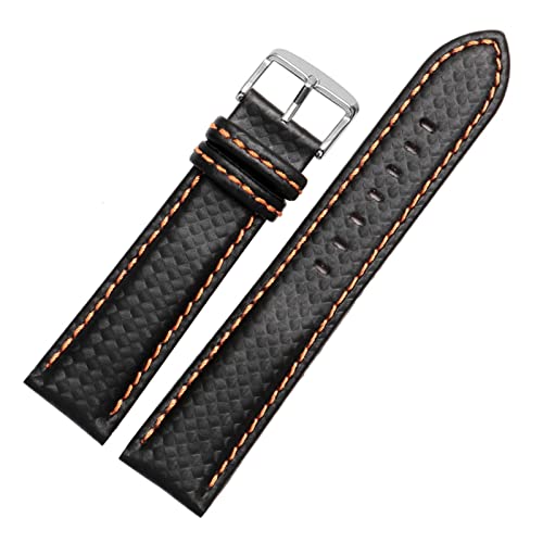 VAZZIC 18mm 20mm 22mm 24mm Herrenuhrband Kohlefaser-Uhr-Armband mit rot genäht + Lederfutter Edelstahl-Schließer-Armband (Color : Orange pin clasp, Size : 20mm black clasp) von vazzic