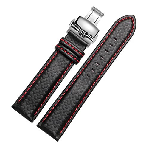 VAZZIC 18mm 20mm 22mm 24mm Herrenuhrband Kohlefaser-Uhr-Armband mit rot genäht + Lederfutter Edelstahl-Schließer-Armband (Color : Red deploy clasp, Size : 22mm black clasp) von vazzic
