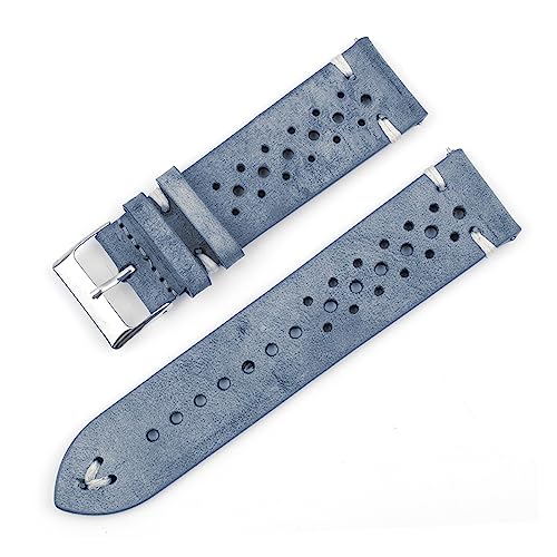 VAZZIC Echtes Leder Uhrenarmband Poröse atmungsaktive Uhrband 18mm 20mm 22mm 24mm handgefertigte Nähen Watch Armbänder Ersatz (Color : Army Blue, Size : 20mm) von VAZZIC