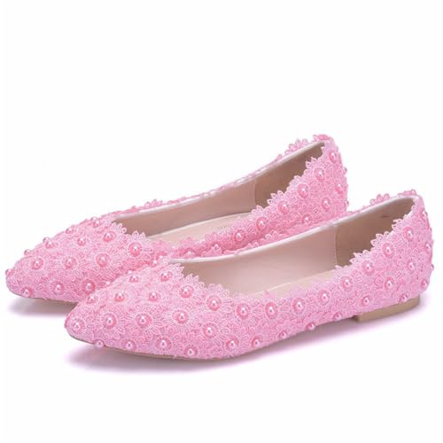 Hochzeitsballerinas Pumps für Damen Ballettschuhe niedrigem Absatz Strasssteinen Spitze Bequeme Flache Slip-On-Schuhe Abendliche formelle Party-Ballerina-Pumps-Schuhe,Pink 1,43 EU von VBBZYGF