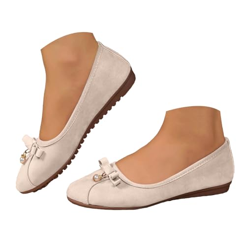Ballerina Schuhe Damen 2025 Klassisch Flach Ballerinas Elegant Leder Arbeitsschuhe Bequeme Abendschuhe Frauen Schlupfschuhe rutschfeste Slipper Leichte Perle Reise Wanderschuhe (Beige, 38) von VBEDKDEB