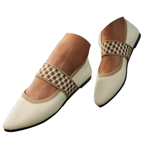 Ballerina Schuhe Damen Atmungsaktive Rutschfeste Ballerinas Spitze Zehe Arbeitsschuhe Bequeme Schlupfschuhe 2025 Wanderschuhe Leichte Slip On Slipper Freizeitschuhe mit Breiter Riemen (Beige, 41) von VBEDKDEB