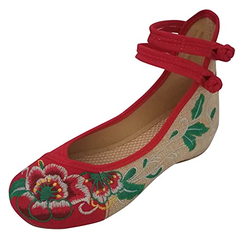 Ballerina Schuhe Damen Bequeme Flache Ballerinas Leinwand erhöhen High für Frauen Schuhe Gurt doppelt gestickt Frauen Freizeitschuhe Ballerina Schwarz (Red, 39) von VBEDKDEB
