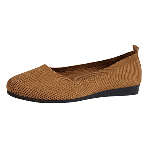 Ballerina Schuhe Damen Bequeme Flache Ballerinas Mode Frühling Damen Freizeitschuhe flacher Boden runde Zehenfliege gewebtes Mesh atmungsaktives Slip-on leicht bequem einfarbig elegant (Brown, 39) von VBEDKDEB