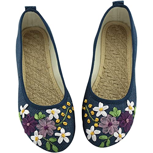Ballerina Schuhe Damen Bequeme Flache Ballerinas Stoffschuhe Einzelschuhe Band Leinen Atmungsaktive Stickerei Damen Einzelschuhe Flache Absätze Leinen bestickte Ballerinas Mit Riemchen (Blue, 38) von VBEDKDEB