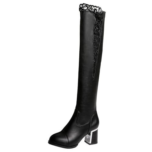 Boots Damen Kniehohe Stiefel Damen Stiefel mit klobigem High Heel und Spitzenverzierung, Lederstiefel, Overknee Schuhe Schnürboots (36) von VBEDKDEB