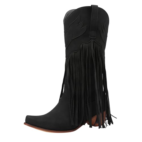 Boots Damen Kniehohe Stiefel Damenstiefel, bequem, zum Hineinschlüpfen, klobiger Absatz, spitze Zehenpartie, Fransenstiefel, Westernstiefel, kniehohe Stiefel, mittelhohe Schuhe Zum Dirndl (40) von VBEDKDEB