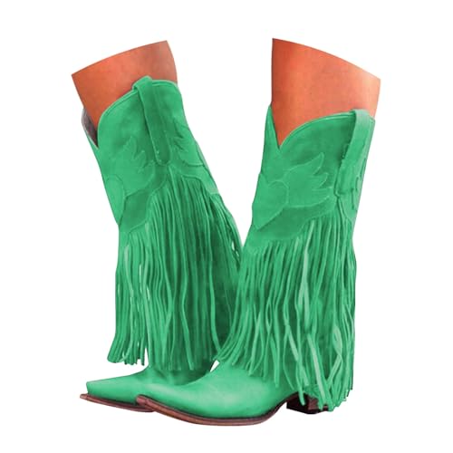 Boots Damen Kniehohe Stiefel Damenstiefel, bequem, zum Hineinschlüpfen, klobiger Absatz, spitze Zehenpartie, Fransenstiefel, Westernstiefel, kniehohe Stiefel, mittelhohe Schuhe Zum Dirndl (Green, 38) von VBEDKDEB