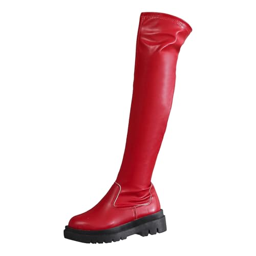 Boots Damen Kniehohe Stiefel Damenstiefel aus Leder mit dicker Sohle und runder Spitze, modisch und lässig, einfarbig, hoher Schaft, elastische Overknee Stiefel Damen Stiefeletten Mit Absatz (Red, 42) von VBEDKDEB