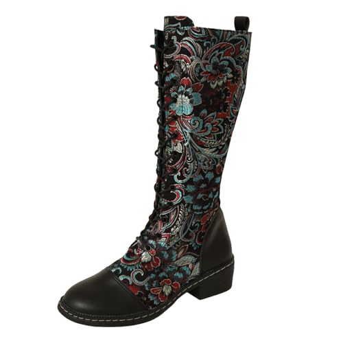 Boots Damen Kniehohe Stiefel Damenstiefel mit runder Zehenpartie, modisch und lässig, mit dicken Absätzen und dicken Sohlen bestickt, für den Außenbereich, kniehohe Stiefel Damenstiefeletten (43) von VBEDKDEB