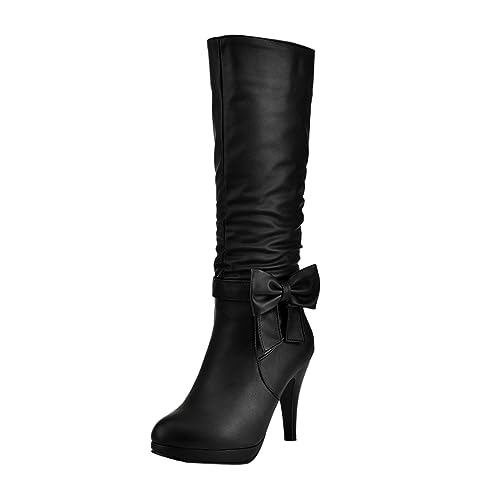 Boots Damen Kniehohe Stiefel Frauen Damen knielange Stiefel Schleifen Dicker Absatz hochhackige hohe Lederschuhe Regenstiefel (38) von VBEDKDEB