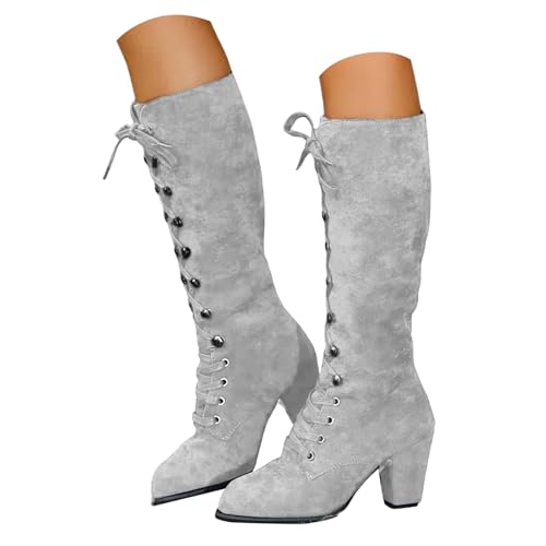Boots Damen Kniehohe Stiefel Lässige, hochhackige Einzelstiefel, modische Damen Winterstiefel in großer Größe, runde Zehenpartie, französischer dicker Absatz, einfarbige Gumischtifel (Grey, 42) von VBEDKDEB