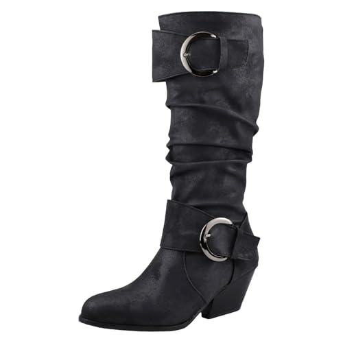 Boots Damen Kniehohe Stiefel Lässige Schnürstiefel für Damen, mittelhoher Absatz, Retro Stiefel, Lange Dicke High Heels Festival Boots (37) von VBEDKDEB