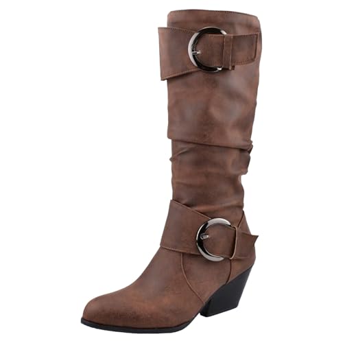 Boots Damen Kniehohe Stiefel Lässige Schnürstiefel für Damen, mittelhoher Absatz, Retro Stiefel, Lange Dicke High Heels Festival Boots (Brown, 41) von VBEDKDEB