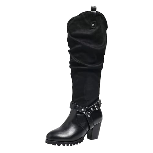 Boots Damen Kniehohe Stiefel Lange Damenstiefel mit klobigem Absatz und spitzer Zehenpartie, modische, lässige Nähte, Oberbekleidung aus Leder, kniehohe Stiefel Damen Gummistiefel Halbhoch (37) von VBEDKDEB