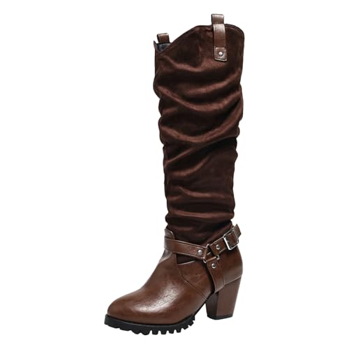 Boots Damen Kniehohe Stiefel Lange Damenstiefel mit klobigem Absatz und spitzer Zehenpartie, modische, lässige Nähte, Oberbekleidung aus Leder, kniehohe Stiefel Damen Gummistiefel Halbhoch (Brown, 39) von VBEDKDEB
