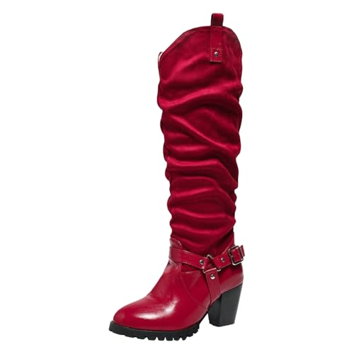 Boots Damen Kniehohe Stiefel Lange Damenstiefel mit klobigem Absatz und spitzer Zehenpartie, modische, lässige Nähte, Oberbekleidung aus Leder, kniehohe Stiefel Damen Gummistiefel Halbhoch (Red, 38) von VBEDKDEB