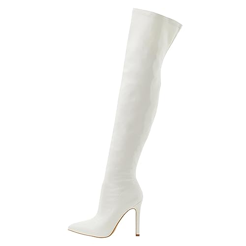 Boots Damen Kniehohe Stiefel Weicher Lackleder Innenreißverschluss mit hohem Absatz, modische elastische Overknee Stiefel für den Außenbereich Gummistiefel Hoch (White, 37) von VBEDKDEB