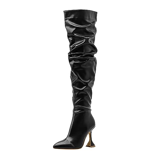 Boots Damen Kniehohe Stiefel Weiße Overknee Stiefel mit seitlichem Reißverschluss für Damen, Spitze Zehenpartie, hoher Absatz, Slouchy Regenschuhe (38) von VBEDKDEB