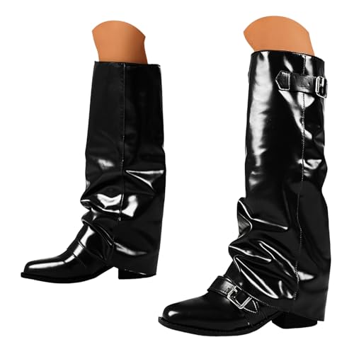 Boots Damen Kniehohe Stiefel Weites Bein, alle Hosenstiefel, spitze Zehenpartie, lange Stiefel, spitze Zehenpartie, einfarbig, quadratischer Absatz, Retro mit mittlerer Wade, Goth Schuhe (38) von VBEDKDEB