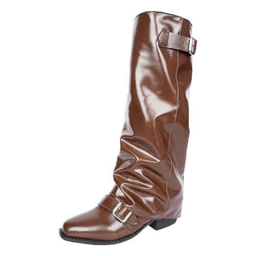 Boots Damen Kniehohe Stiefel Weites Bein, alle Hosenstiefel, spitze Zehenpartie, lange Stiefel, spitze Zehenpartie, einfarbig, quadratischer Absatz, Retro mit mittlerer Wade, Goth Schuhe (Brown, 37) von VBEDKDEB