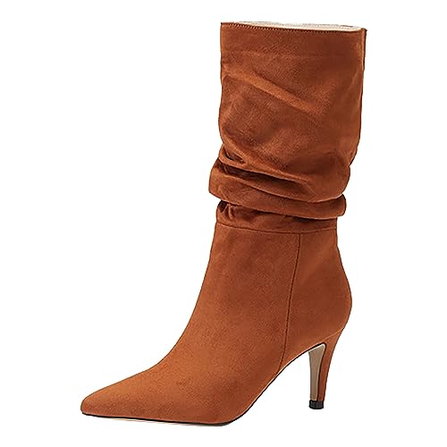 Boots Damen Mid Calf Stiefel 2023 High Heel Mid Heel Sexy Pointed Toe Mode Stiefel Damenschuhe Reitschuhe Damen (Brown, 42) von VBEDKDEB