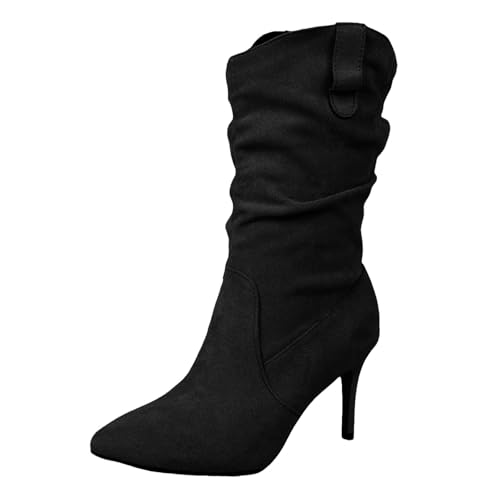 Boots Damen Mid Calf Stiefel Damen Modische Spitze Zehenpartie Wildleder Stiletto Plissee Mid Calf Fashion Casual High Heels Gummistiefel Halbhoch (40) von VBEDKDEB