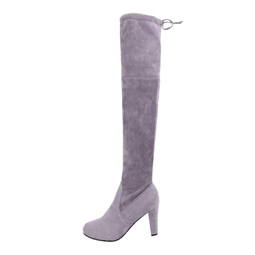 Boots Damen Mid Calf Stiefel Damen Stiefel Overknee High Modisch Neues Muster Spitzschuh Dicker Absatz Quadratischer Absatz Weitschaftstiefel (Grey, 37) von VBEDKDEB