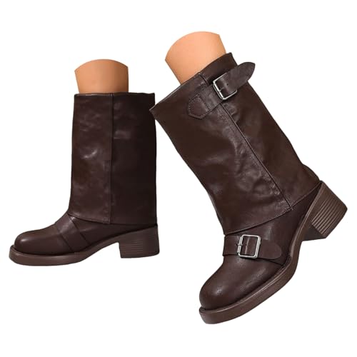 Boots Damen Mid Calf Stiefel Fashion Large Size Thick Heel Trouser Boots Frauen Retro Belt Women's Mid Calf Fashion Frauen Mittelalter Schuhe Damen (Brown, 37) von VBEDKDEB