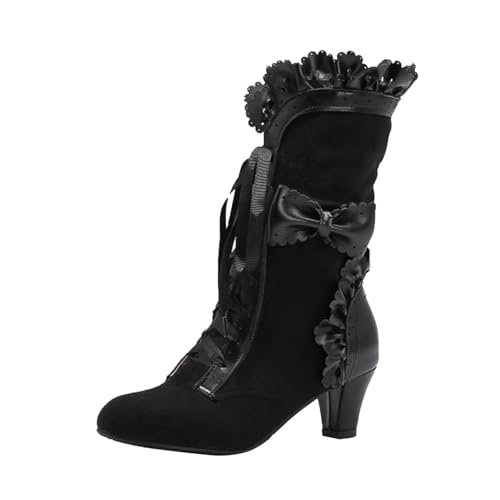 Boots Damen Mid Calf Stiefel Frauen Mitte Wade Stiefel Herbst Und Winter Außenhandel Mode Rüschen Bogen Bequeme Band Lace Up Damen Mit Absatz (39) von VBEDKDEB