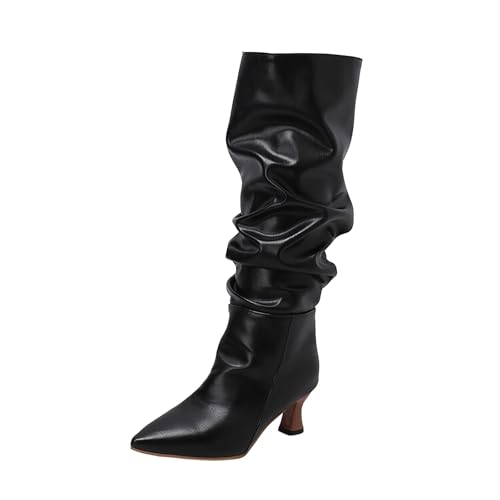 Boots Damen Mid Calf Stiefel Frauen Mitte Wade Stiefel Herbst Und Winter Mode Spitz Zehe Square Heel Lace Up Cow Boy Boots Damen (42) von VBEDKDEB