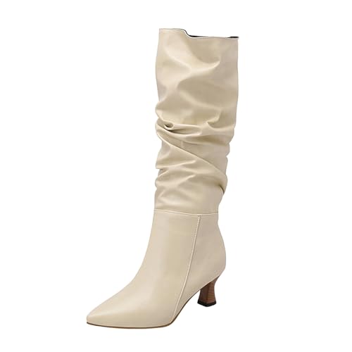 Boots Damen Mid Calf Stiefel Frauen Mitte Wade Stiefel Herbst Und Winter Mode Spitz Zehe Square Heel Lace Up Cow Boy Boots Damen (White, 37) von VBEDKDEB