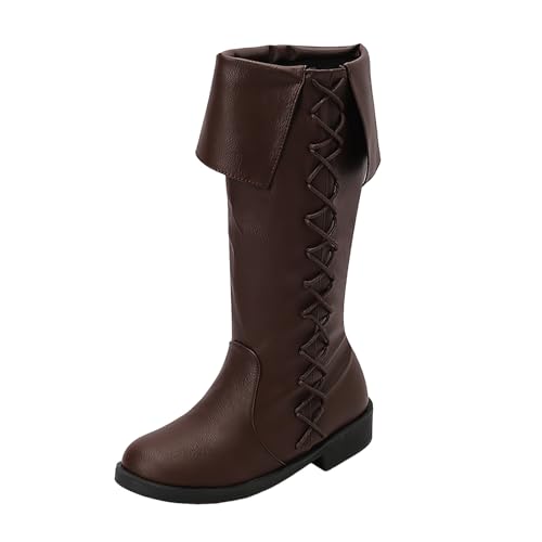 Boots Damen Mid Calf Stiefel Frauen Mitte Wade Stiefel Herbst Und Winter Mode Spitz Zehe Square Heel Lace Up Cowboy (Brown, 36) von VBEDKDEB