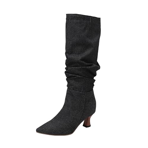 Boots Damen Mid Calf Stiefel Frauen Mitte Wade Stiefel Herbst Und Winter Mode Spitz Zehe Square Heel Lace Up Cowboy Boots Damen (42) von VBEDKDEB