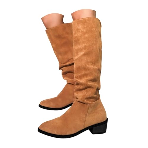 Boots Damen Mid Calf Stiefel Frauen Mitte Wade Stiefel Herbst Und Winter Mode Spitz Zulaufend Square Heel Cowboy Damen (Brown, 36) von VBEDKDEB