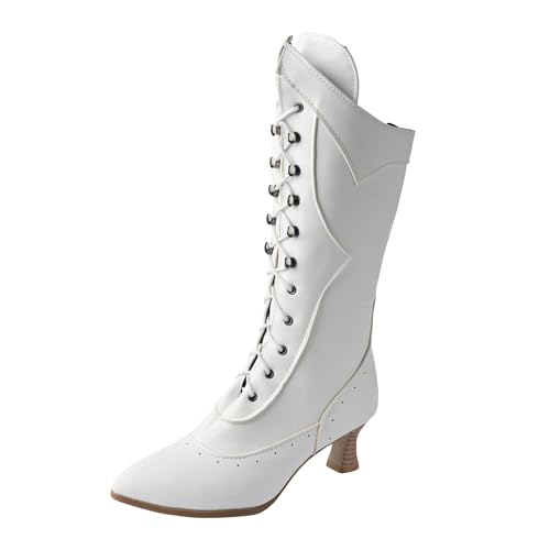 Boots Damen Mid Calf Stiefel Frauen Mitte Wade Stiefel Herbst Und Winter Mode Spitz Zulaufend Square Heel Cowboy Damen (White, 42) von VBEDKDEB
