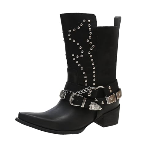Boots Damen Mid Calf Stiefel Frauen Punk Schwarze Kurze Stiefel Metall Western Cowboy Mit Spitzer Damen Schuhe Wasserdicht (38) von VBEDKDEB