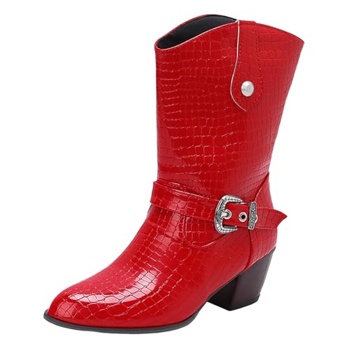 Boots Damen Mid Calf Stiefel Frauen Versatile Fashionable Thick Heeled Mid Calf Boots mit Velvet Mesh Pattern Leather Plateau Stiefeletten Damen (Red, 38) von VBEDKDEB