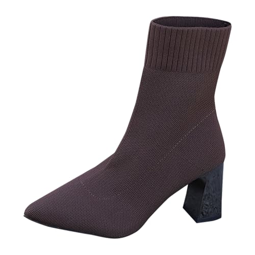 Boots Damen Mid Calf Stiefel Große gestrickte Modestiefel Damenstiefel Hochelastische Spitze Zehenpartie mit dickem Absatz Kurze Stiefel Damenstiefel mit dickem Absatz High Heels (Brown, 41) von VBEDKDEB