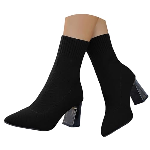 Boots Damen Mid Calf Stiefel Große gestrickte Modestiefel Damenstiefel Hochelastische Spitze Zehenpartie mit dickem Absatz Kurze Stiefel Damenstiefel mit dickem Absatz High Heels Stiefeletten (39) von VBEDKDEB